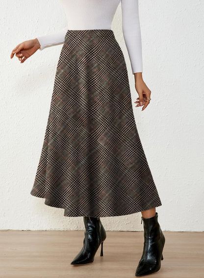 Women's Plaid Skirts - High Waist A-Line Midi Tartan Skirt with Pockets