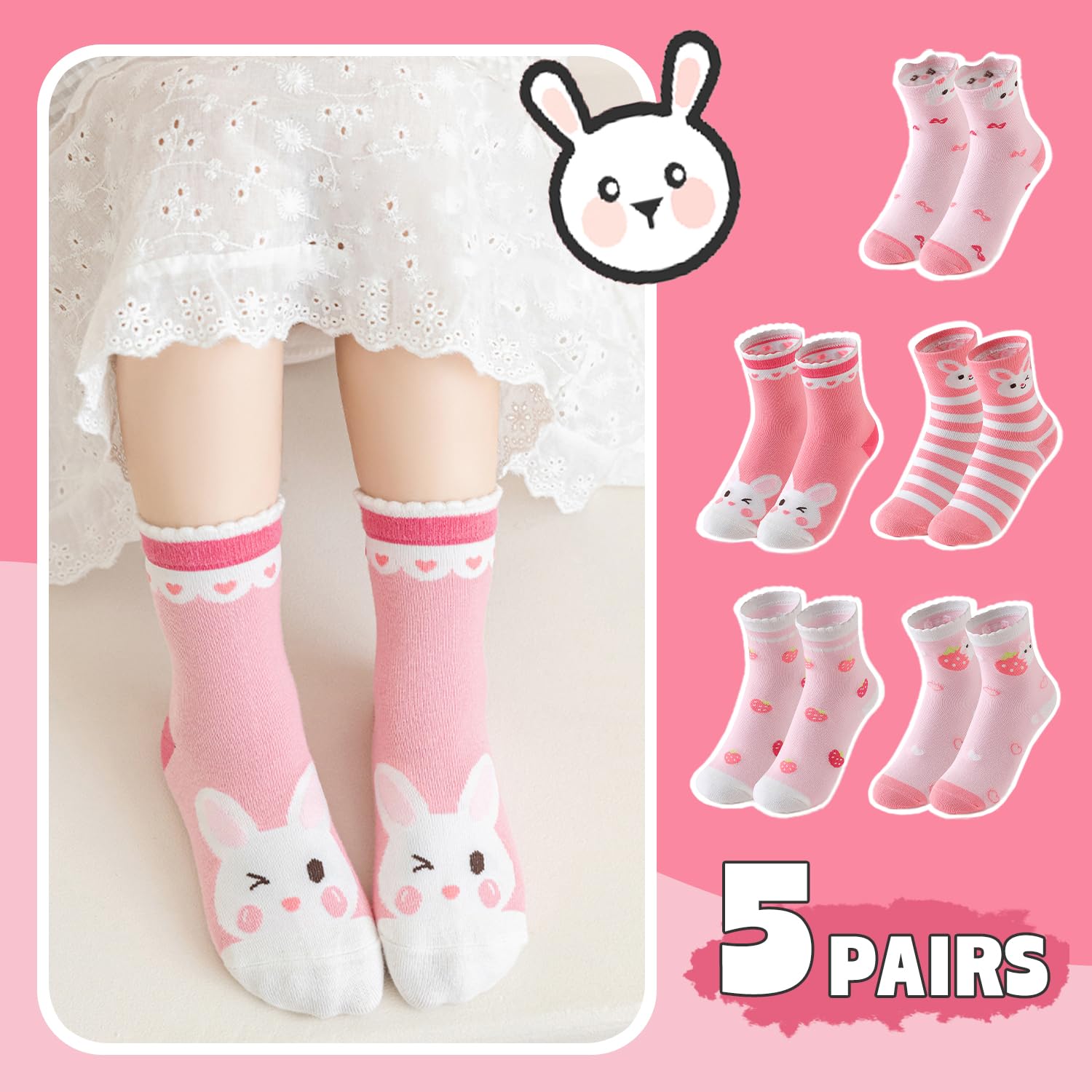 Girls Cotton Crew Socks 5 Pack - Cartoon Bunny Animal Socks for Kids Ages 2-12