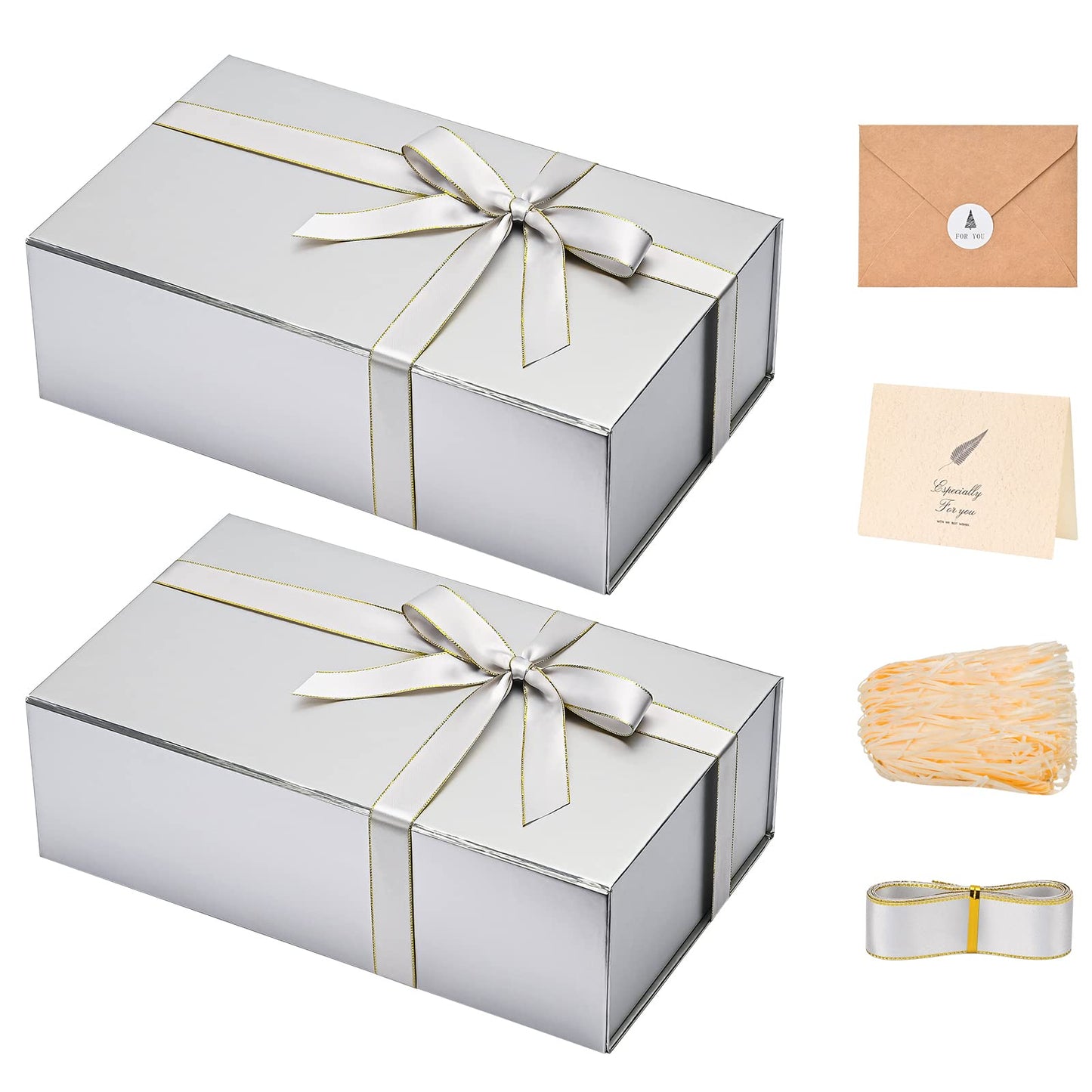Gift Boxes with Lids 2 Pack - Magnetic Closure with Ribbon, Card, Filler & Sticker 1 Count (Pack of 2) Silver
