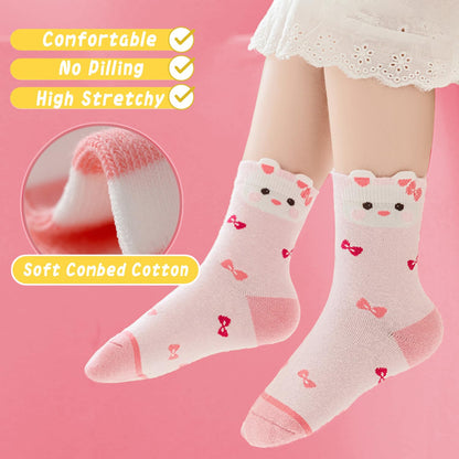 Girls Cotton Crew Socks 5 Pack - Cartoon Bunny Animal Socks for Kids Ages 2-12