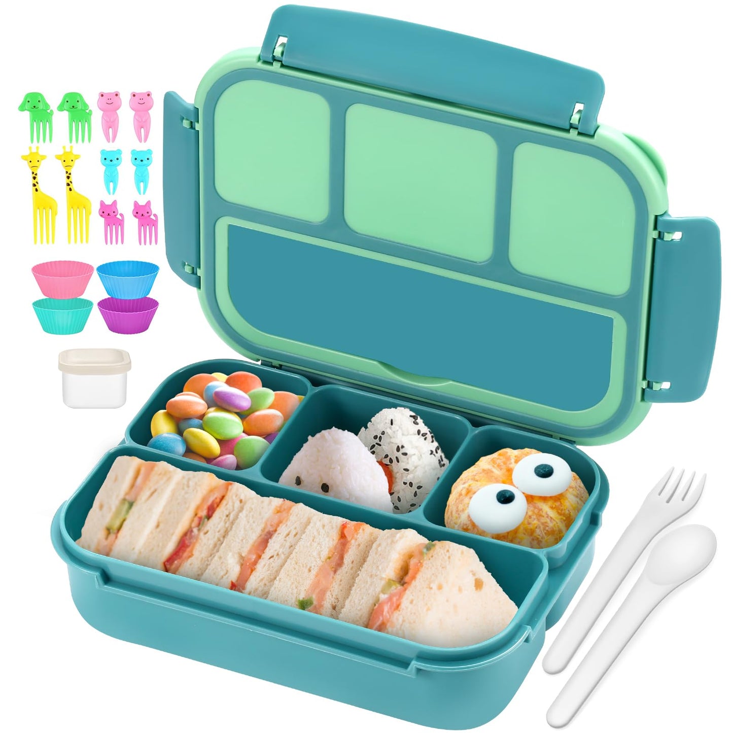 Bento Lunch Box for Kids - 4 Compartment Leak-Proof School Lunch Container with Utensils Purple Green
