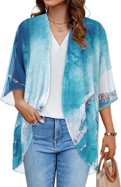 Floral Print Kimono Cardigan Women Puff Sleeve Cover Up Casual Blouse Loose Top Large Blue White Gilt