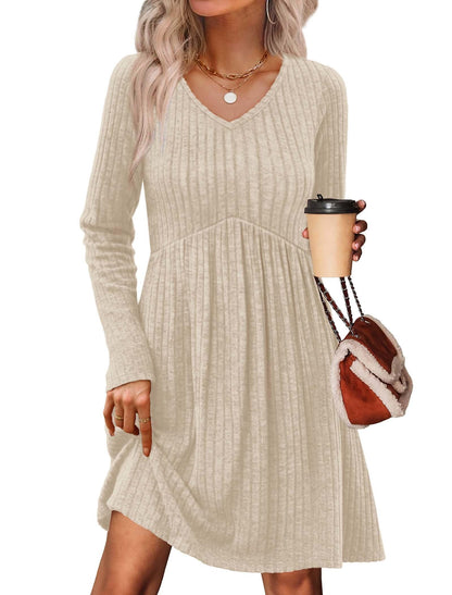 Women's Long Sleeve Sweater Dress - V Neck Empire Waist Babydoll Dress with Pockets Apricot