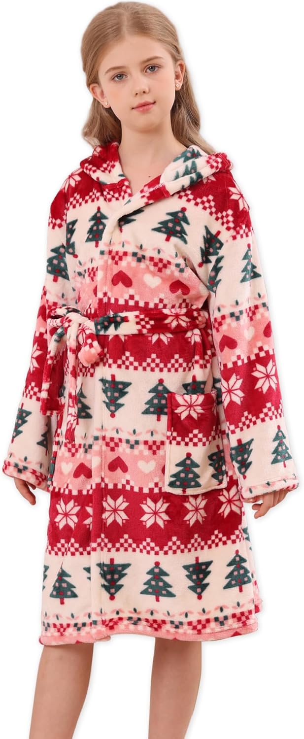Girls Hooded Fleece Bathrobe - Soft Plush Warm Robe for Kids 3-14 Years Christmas Tree