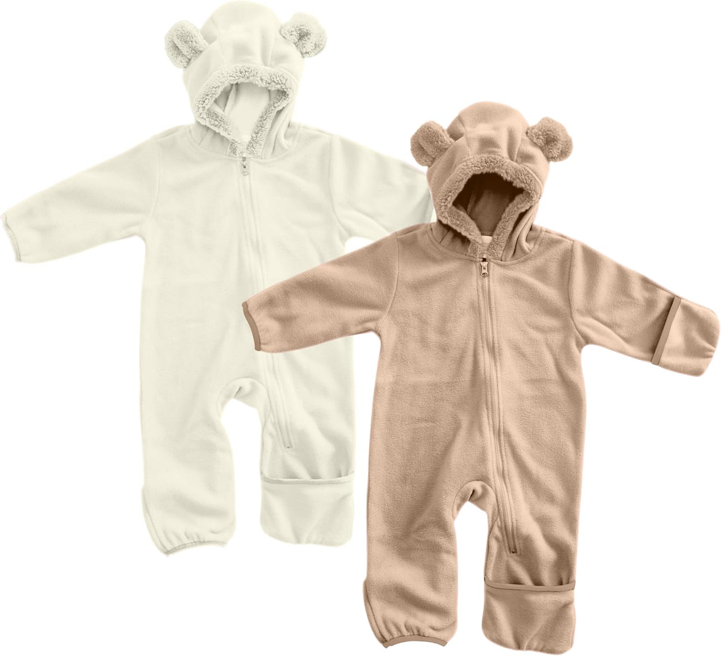 Fleece Baby Bunting with Hood - Convertible Mittens & Booties for Newborn & Infant Bear - White & Light Brown (2 Pack) 12-18 Months