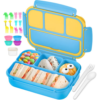 Bento Lunch Box for Kids - 4 Compartment Leak-Proof School Lunch Container with Utensils Purple Blue