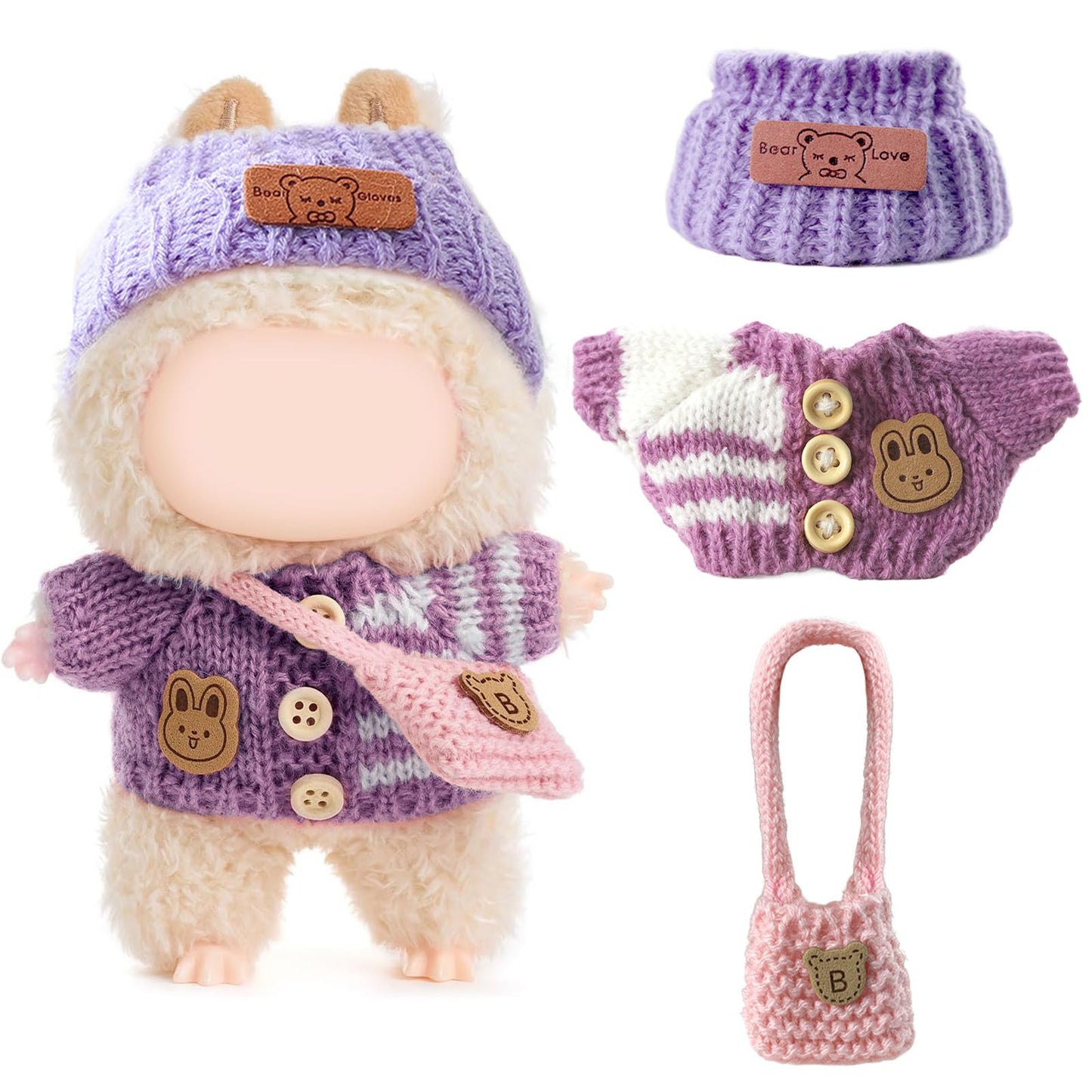 3 Piece Handmade Crochet Outfit for 17cm Dolls - Heart Sweater Hat & Bag Set Bunny - Purple