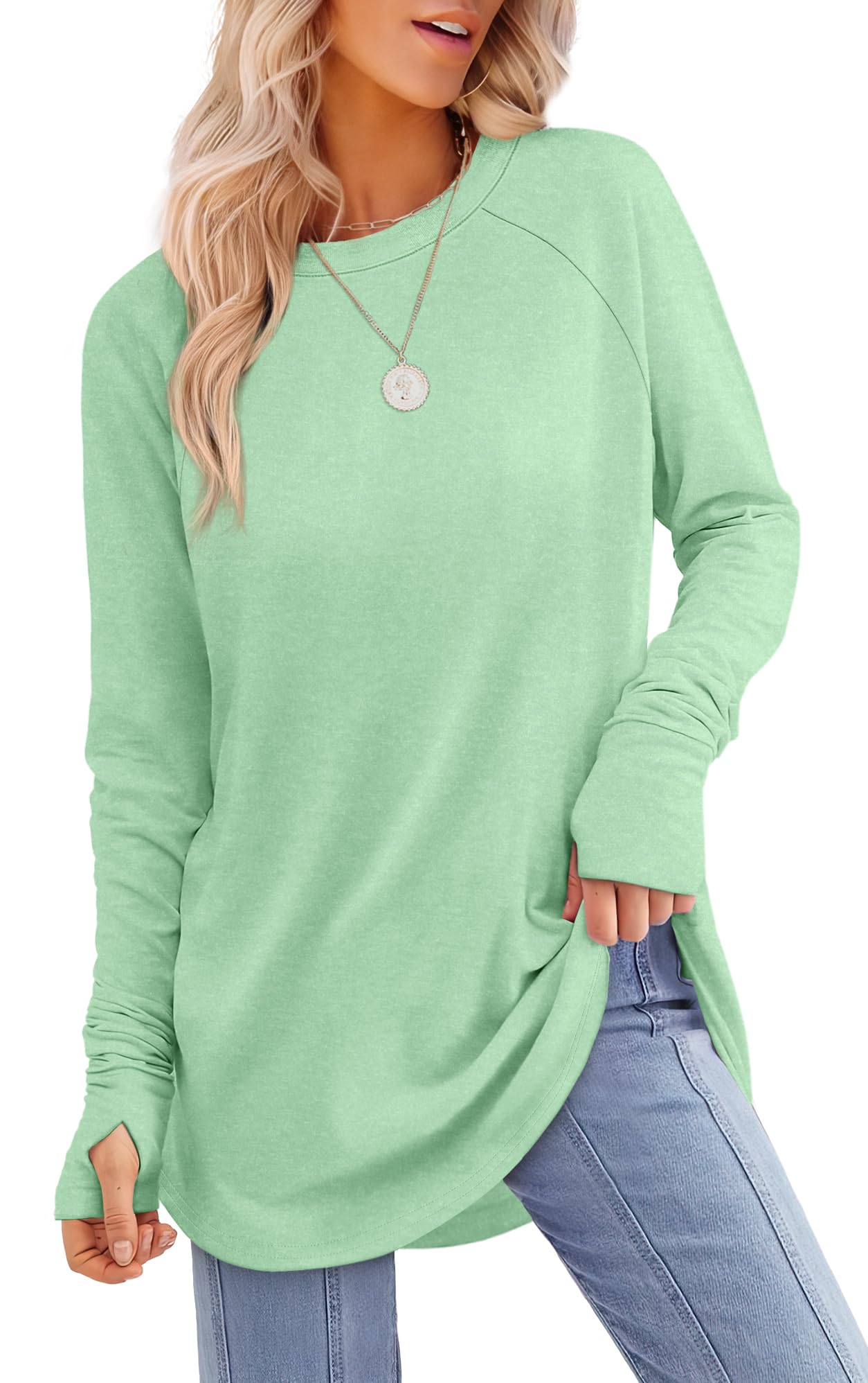 Tunic Top with Thumb Holes for Women - Long Sleeve Shirt with Curved Hem