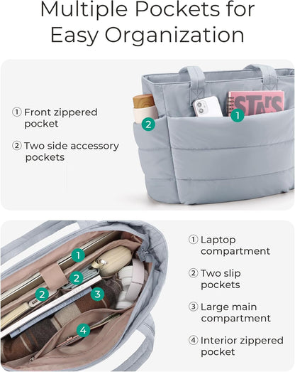 Women's Quilted Tote Bag Lightweight Puffy Shoulder Bag with Compartments