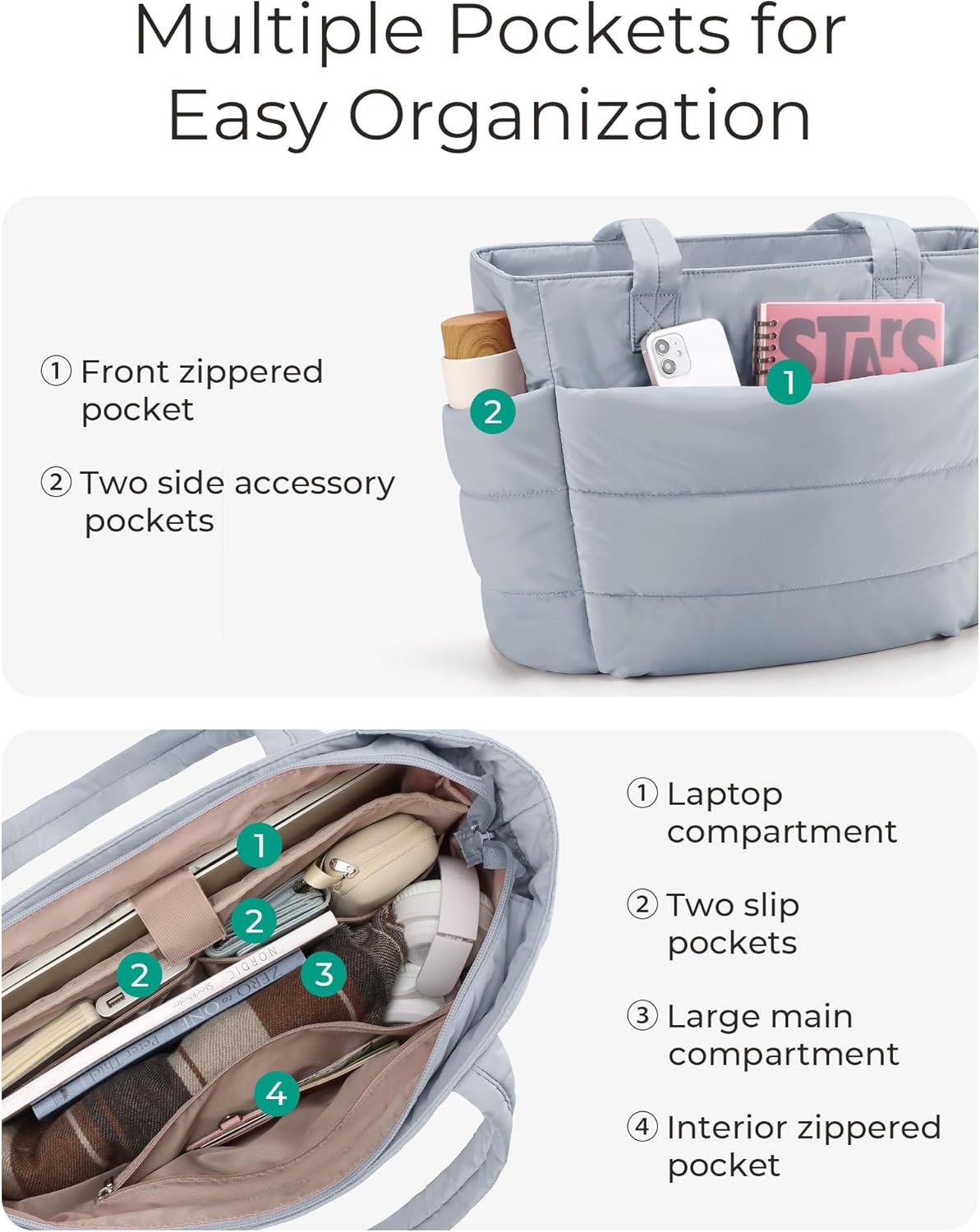 Women's Quilted Tote Bag Lightweight Puffy Shoulder Bag with Compartments