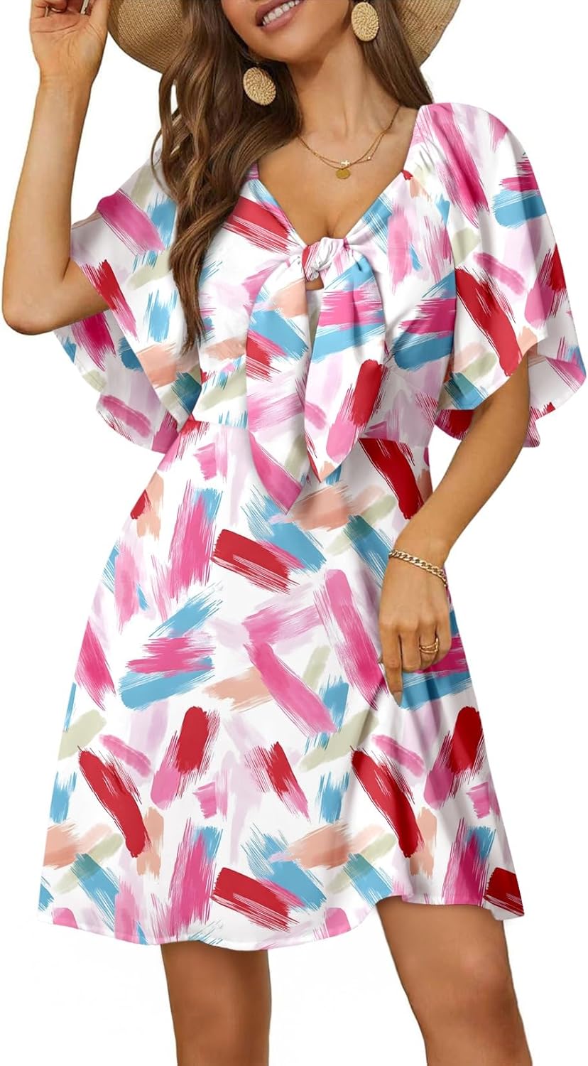 Women's Deep V-Neck Mini Dress with Bow Tie - Elegant Summer Fall Outfit