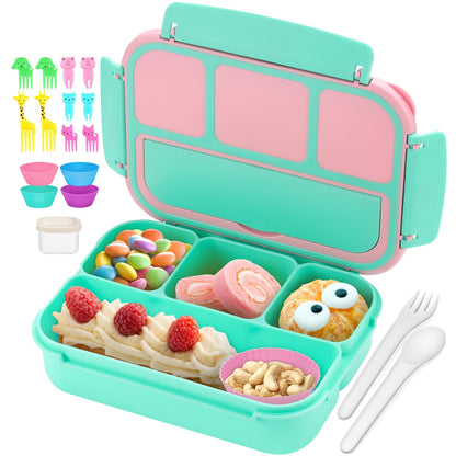 Bento Lunch Box for Kids - 4 Compartment Leak-Proof School Lunch Container with Utensils Purple Pink Green
