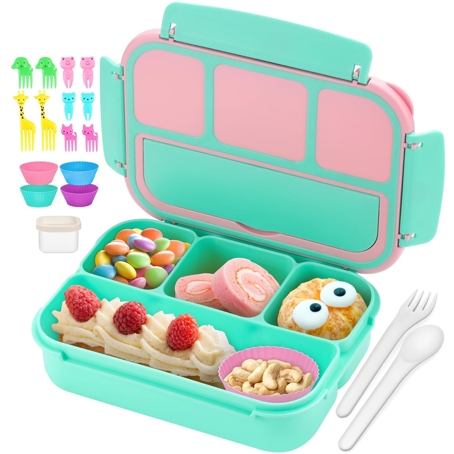 Bento Lunch Box for Kids - 4 Compartment Leak-Proof School Lunch Container with Utensils Purple Pink Green