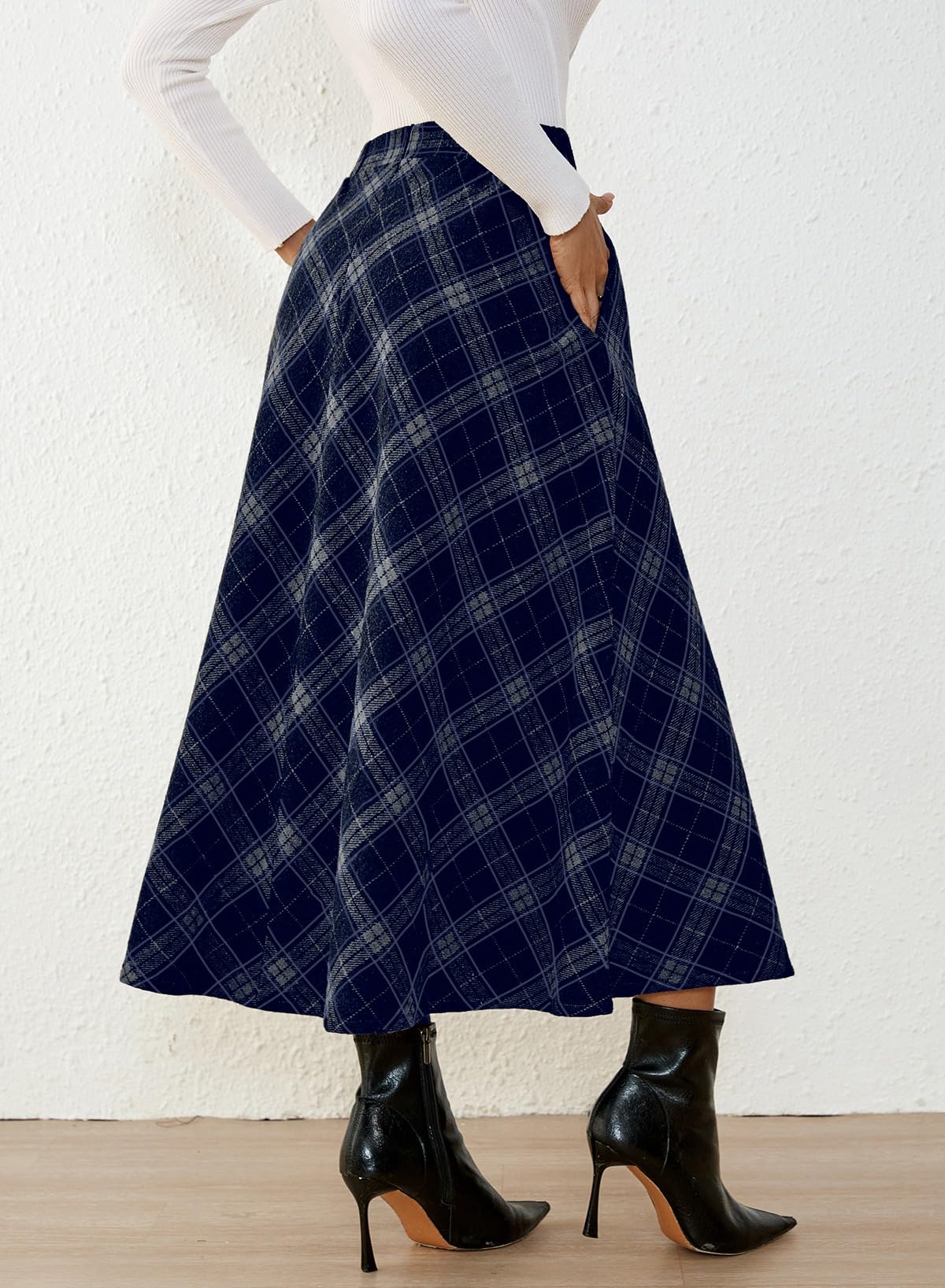 Women's Plaid Skirts - High Waist A-Line Midi Tartan Skirt with Pockets