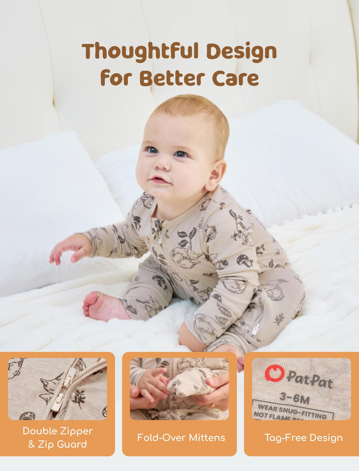 PATPAT Baby Footie Pajamas - Premium Tencel Lyocell & Wool Romper with 2-Way Zipper