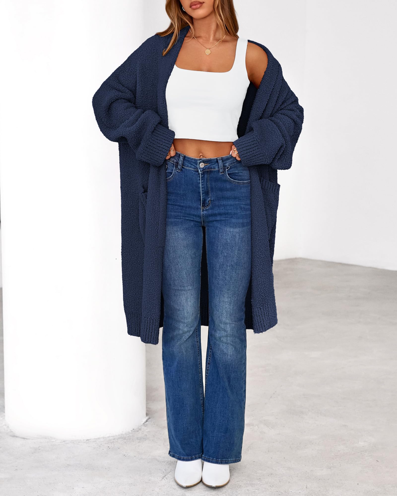 Women's Long Cardigan Sweater - Open Front Oversized Knit Coat with Pockets