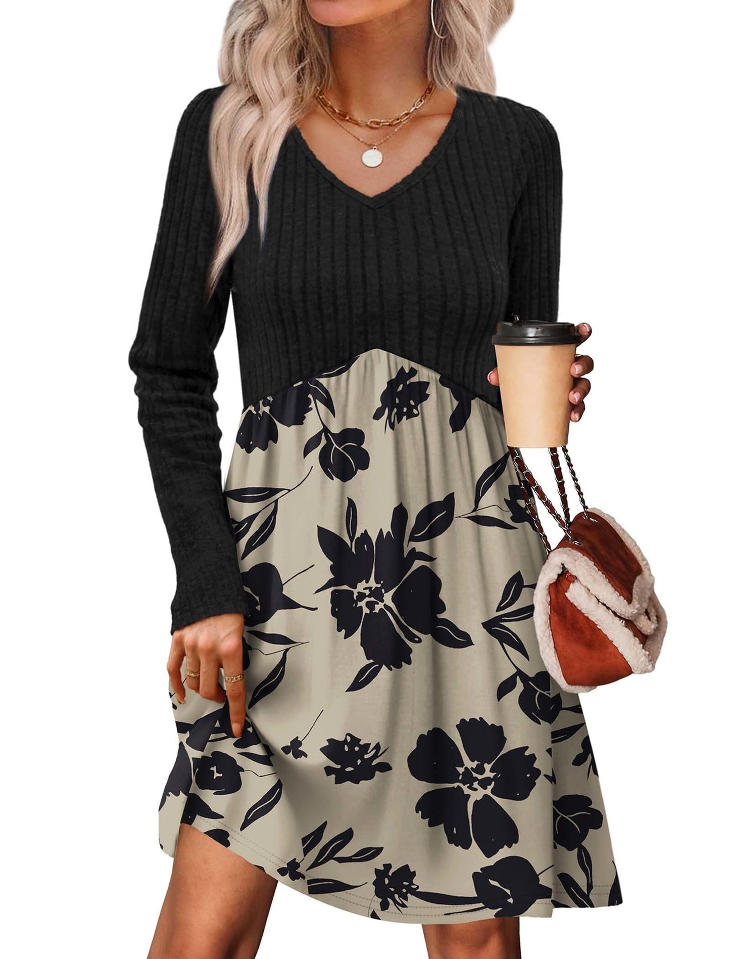 Women's Long Sleeve Sweater Dress - V Neck Empire Waist Babydoll Dress with Pockets