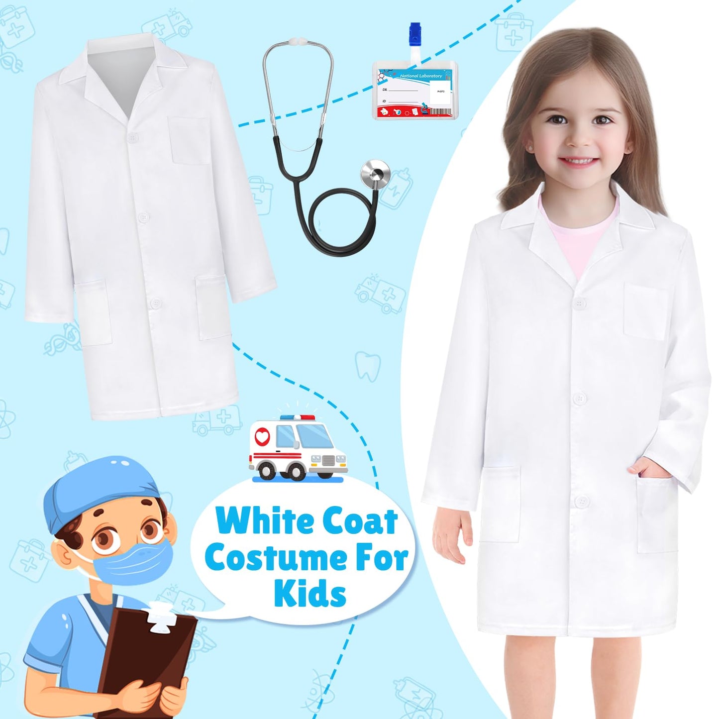 Doctor Costume for Kids - Lab Coat with Real Stethoscope Ages 3-12