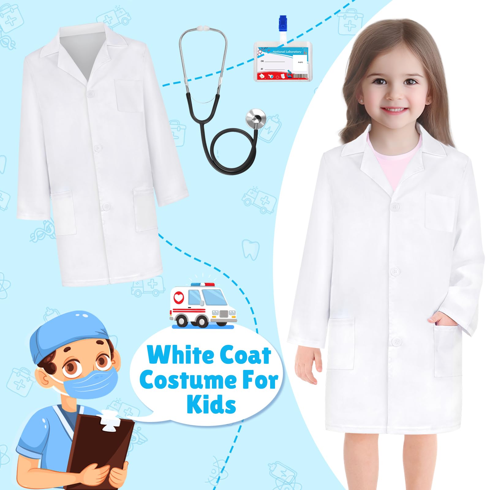 Doctor Costume for Kids - Lab Coat with Real Stethoscope Ages 3-12