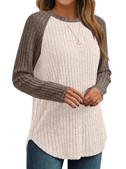 Women's Long Sleeve Tunic Tops - Dressy Casual Color Block Sweaters Apricot 03