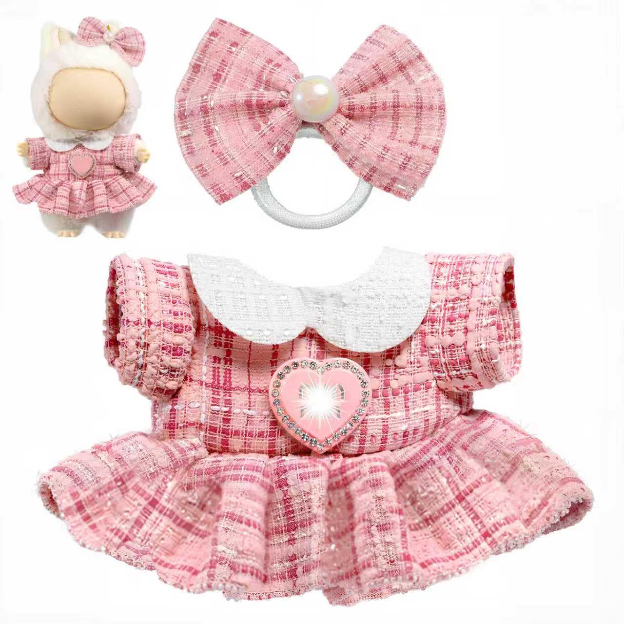 3 Piece Handmade Crochet Outfit for 17cm Dolls - Heart Sweater Hat & Bag Set Pink