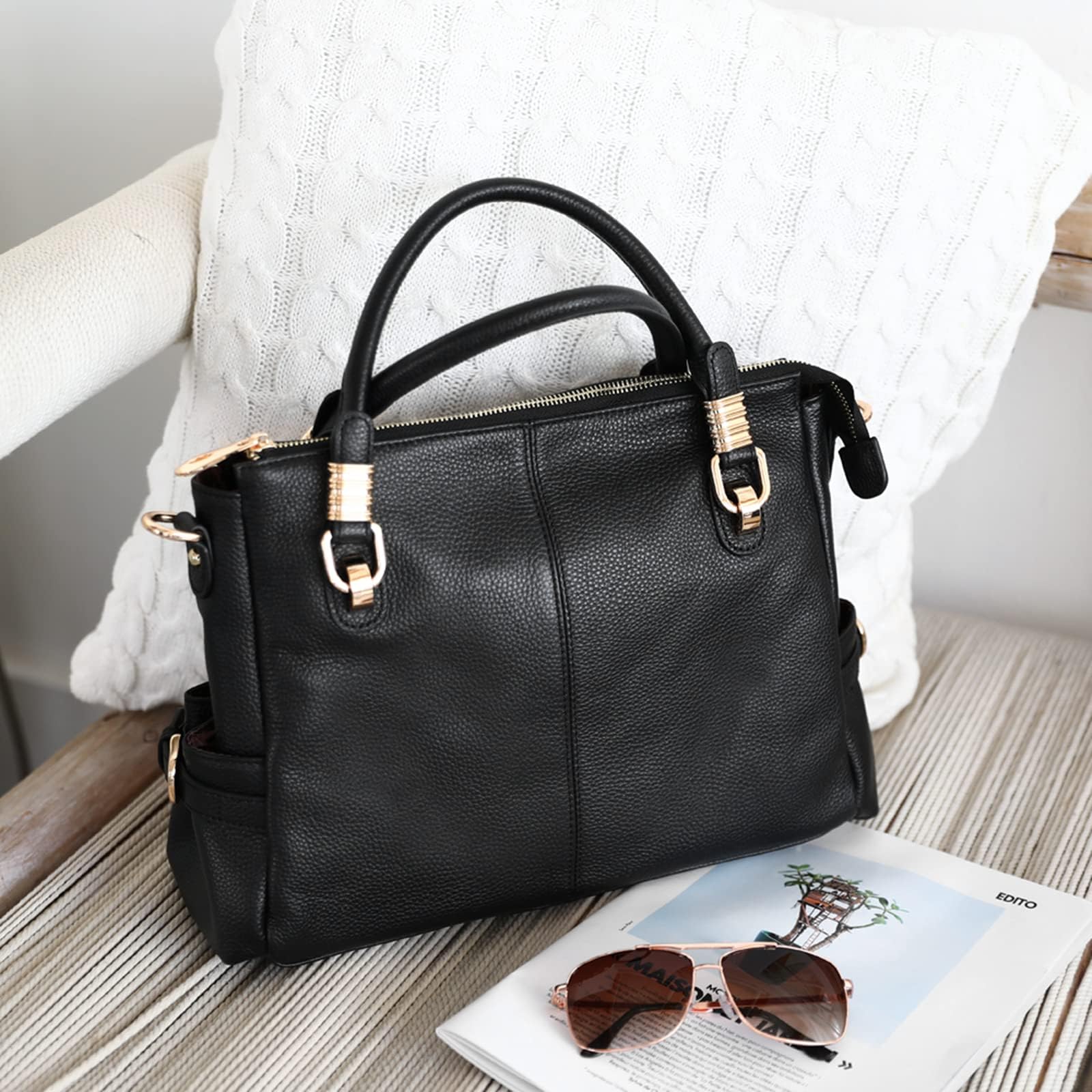 Women Genuine Leather Handbag - Soft Satchel Tote Shoulder Bag with Adjustable Strap