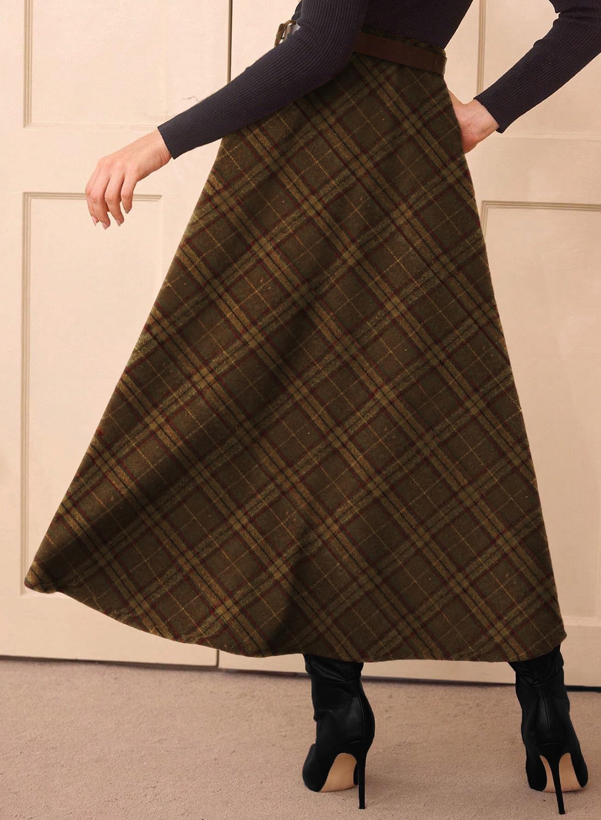 Women's Plaid Skirts - High Waist A-Line Midi Tartan Skirt with Pockets