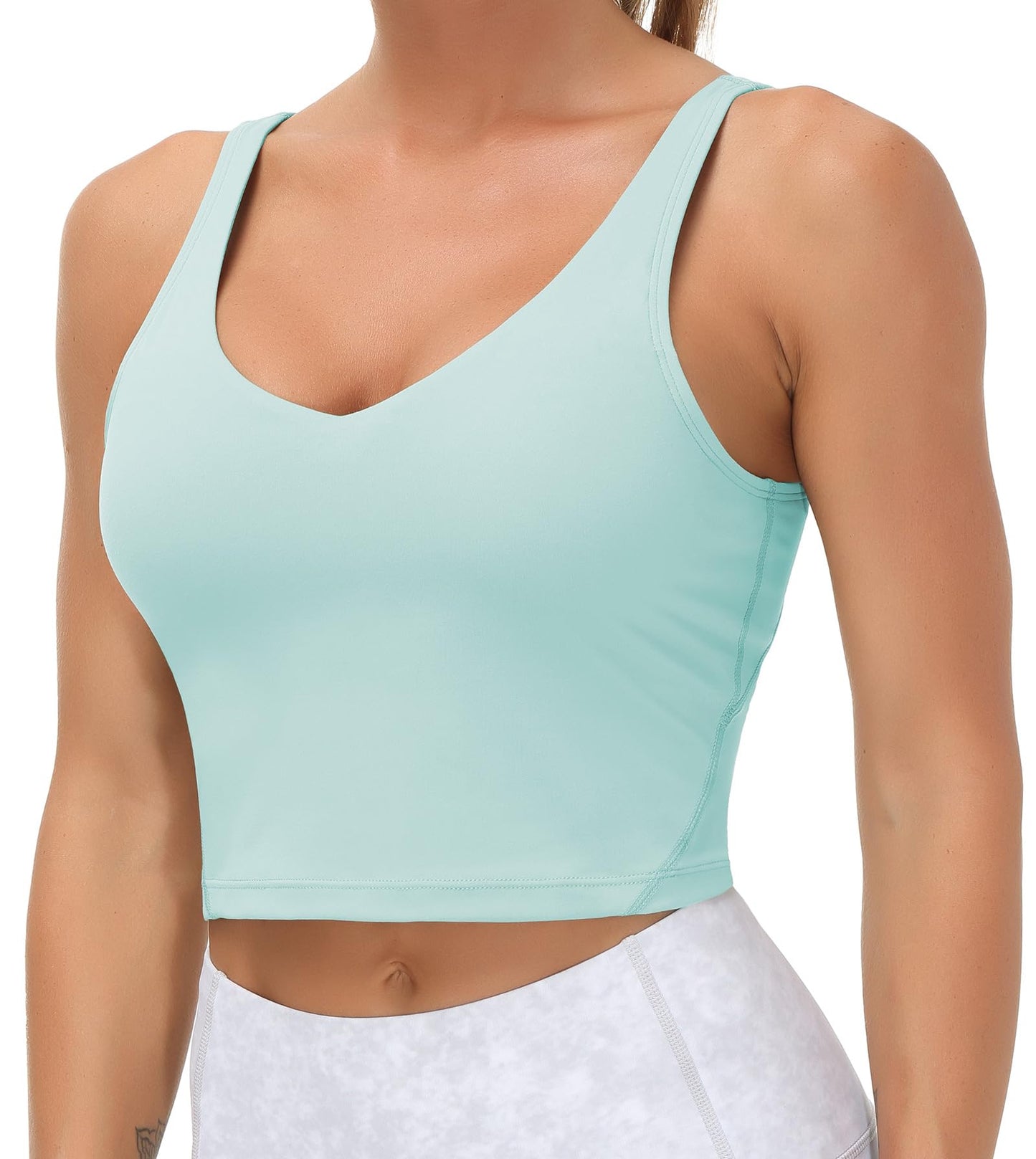 Longline Sports Bra Women Wirefree Padded Medium Support Workout Bra Light Blue