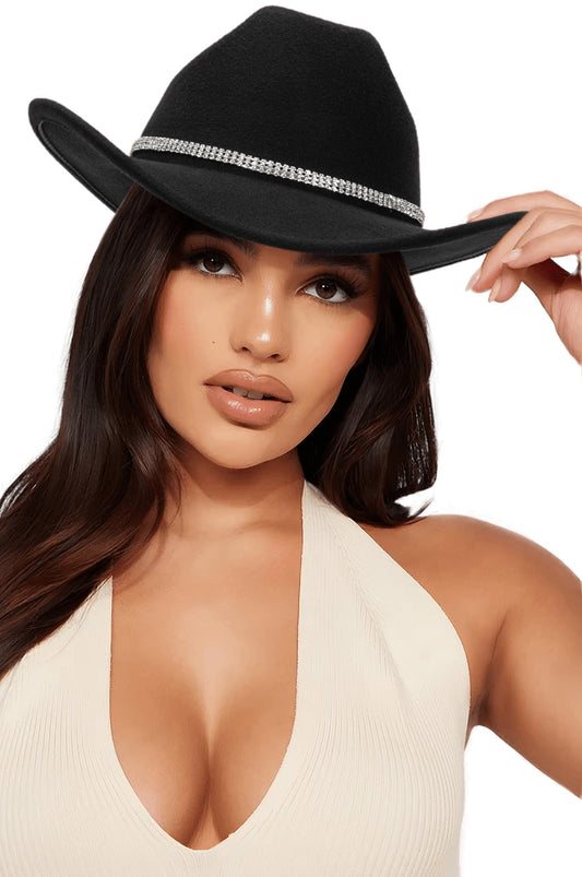 Women's Western Rhinestone Cowboy Hat - Bling Diamond Band Rodeo Fedora Medium Black11