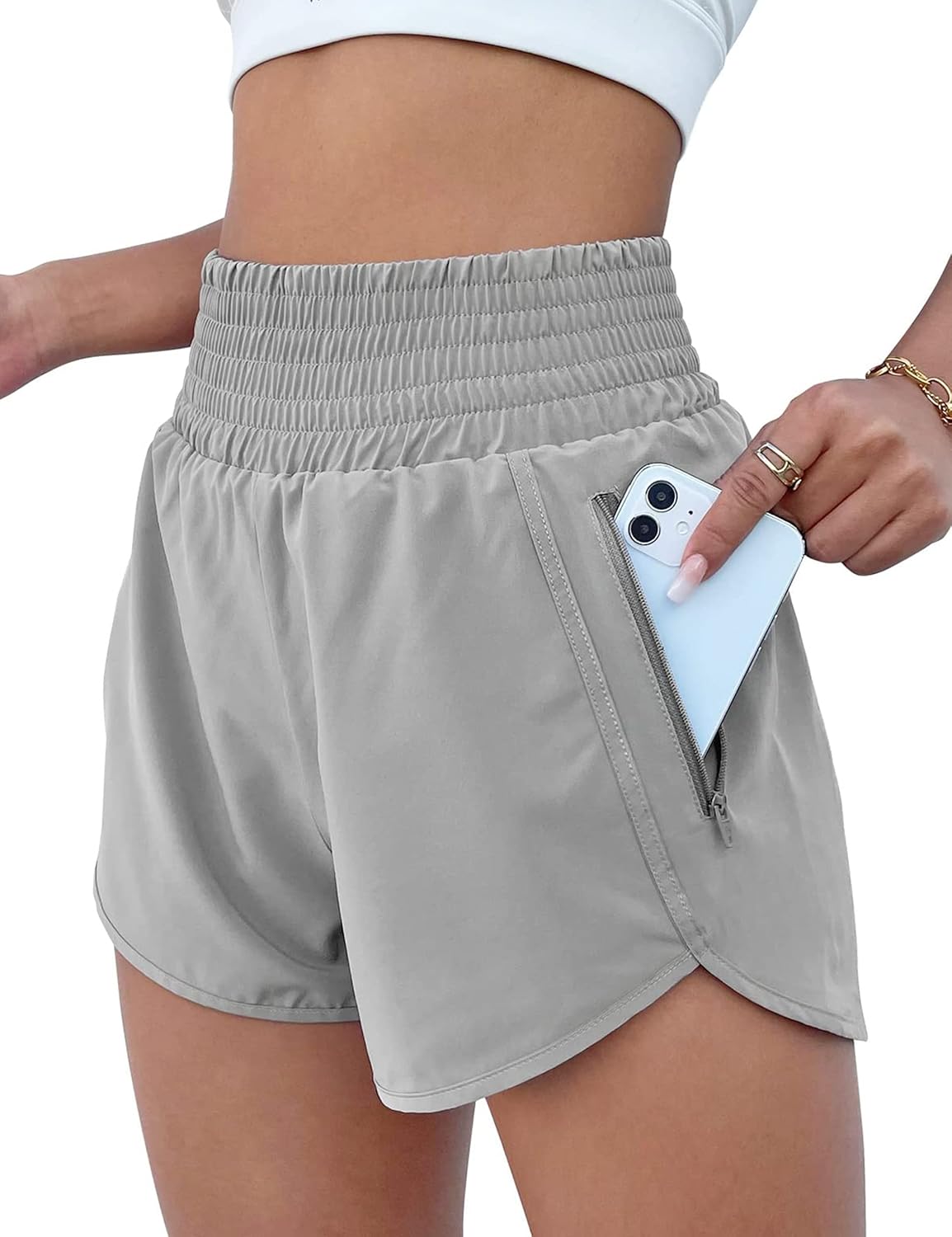 High Waisted Athletic Shorts Women Running Workout Shorts with Pockets Gym Sporty Grey