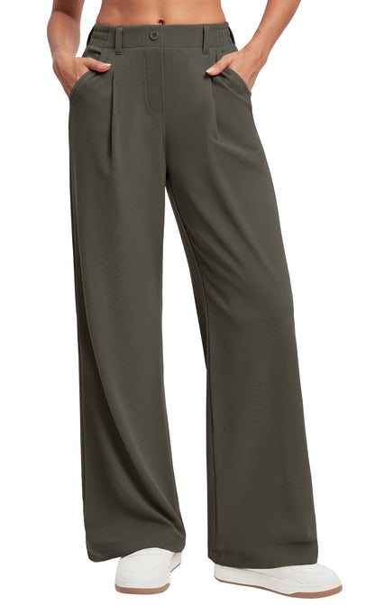 Women's Wide Leg Work Pants - Stretchy Pull-On Business Casual Trousers with Pockets Olive Green- 26'' Petite