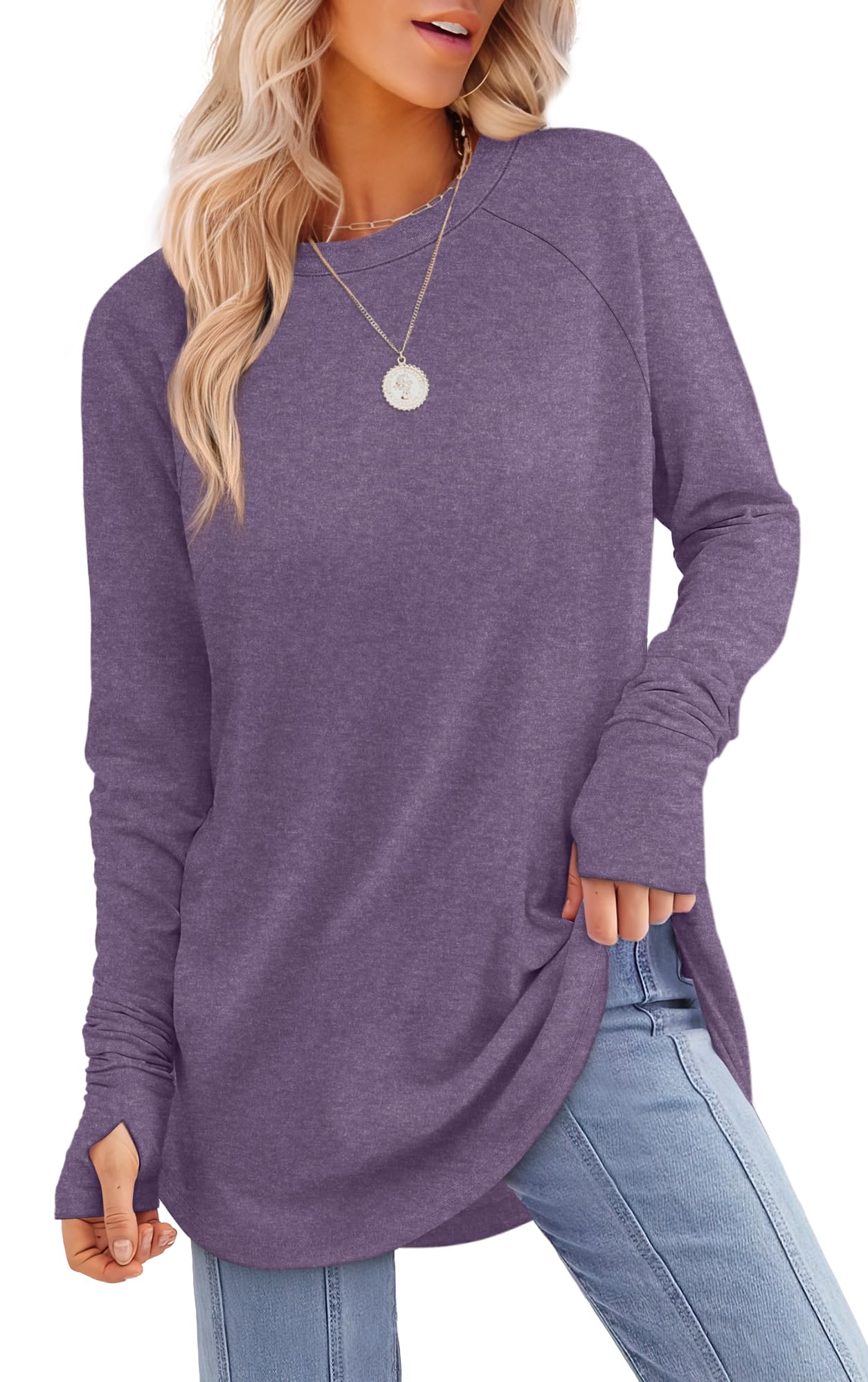 Tunic Top with Thumb Holes for Women - Long Sleeve Shirt with Curved Hem
