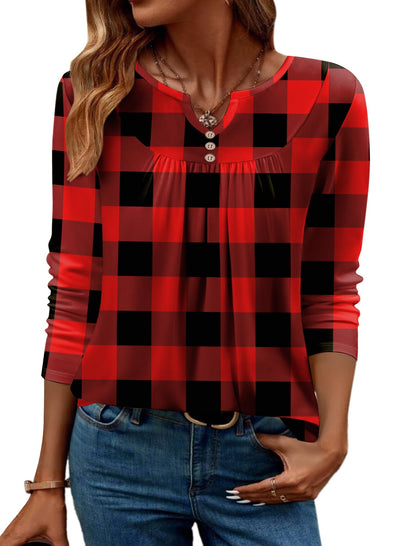 Women Long Sleeve V Neck Blouse - Casual Dressy Work Tunic Top with Pleated Detail 2025 Red Plaid