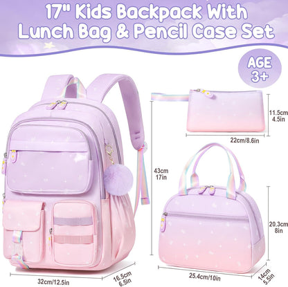 Girls School Backpack Set 3-Piece - Waterproof Kids Backpack with Lunch Box