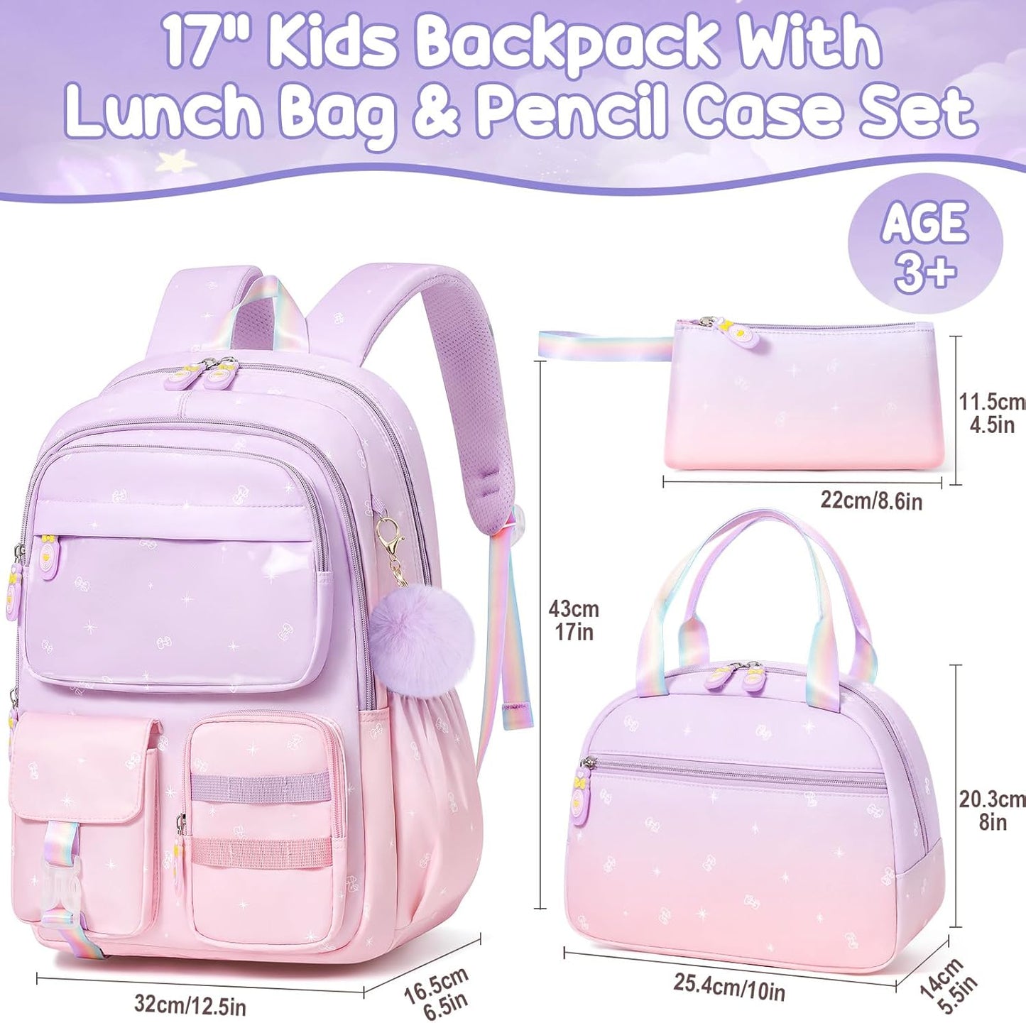 Girls School Backpack Set 3-Piece - Waterproof Kids Backpack with Lunch Box