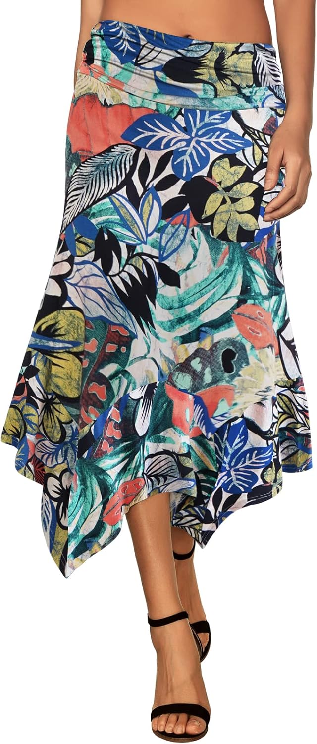 Women's Flowy Handkerchief Hemline Midi Skirt - Elastic Waist Asymmetrical Hem