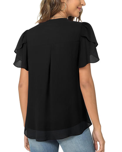 Polyester Blouses - Women's Chiffon Blouse V-Neck Puff Sleeve Summer Top for Work and Casual Wear