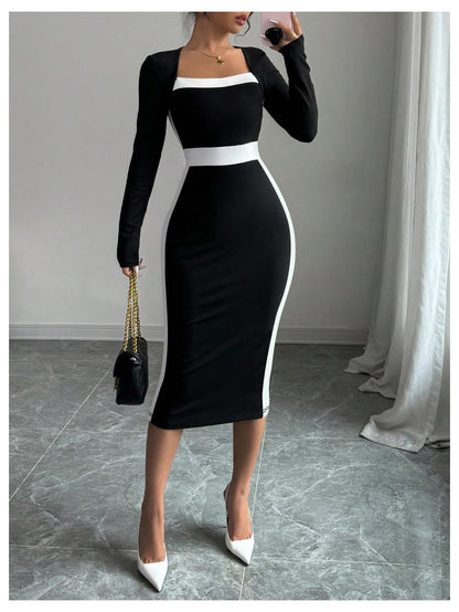 Women Midi Dress - Color Block Square Neck Long Sleeve Bodycon Dress