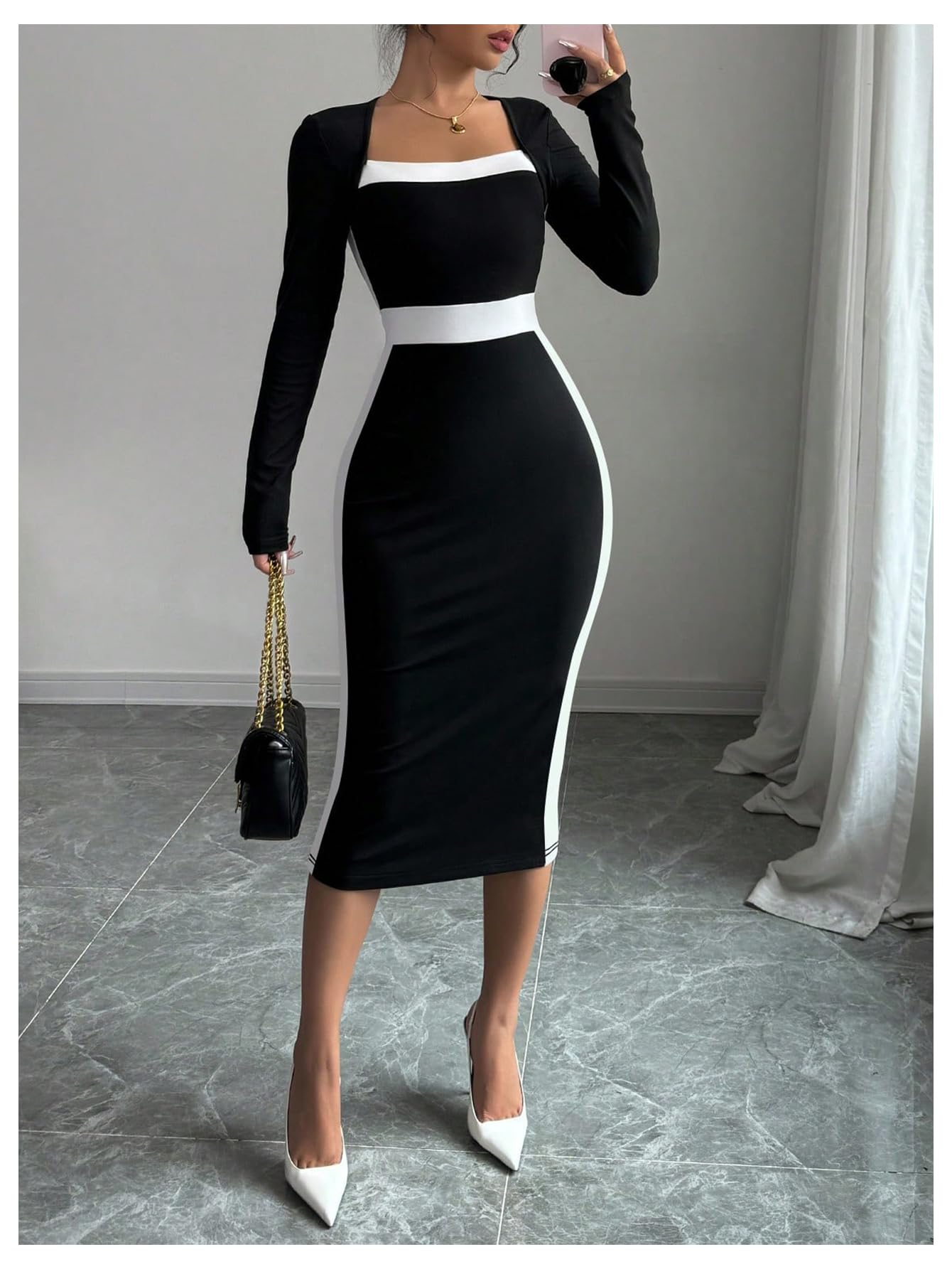 Women Midi Dress - Color Block Square Neck Long Sleeve Bodycon Dress
