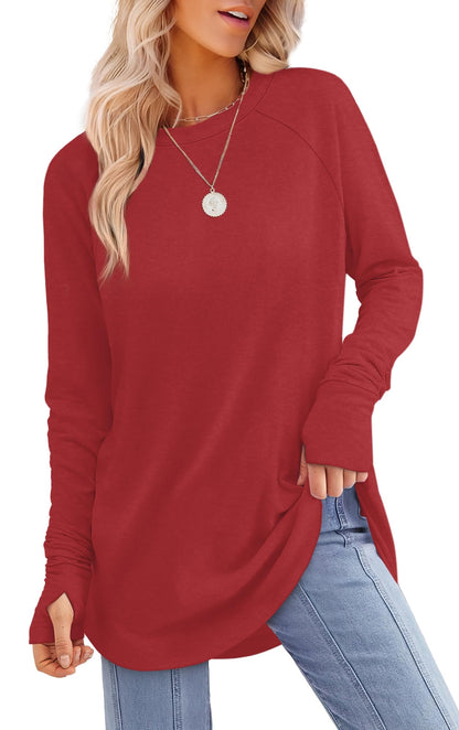 Tunic Top with Thumb Holes for Women - Long Sleeve Shirt with Curved Hem L-red