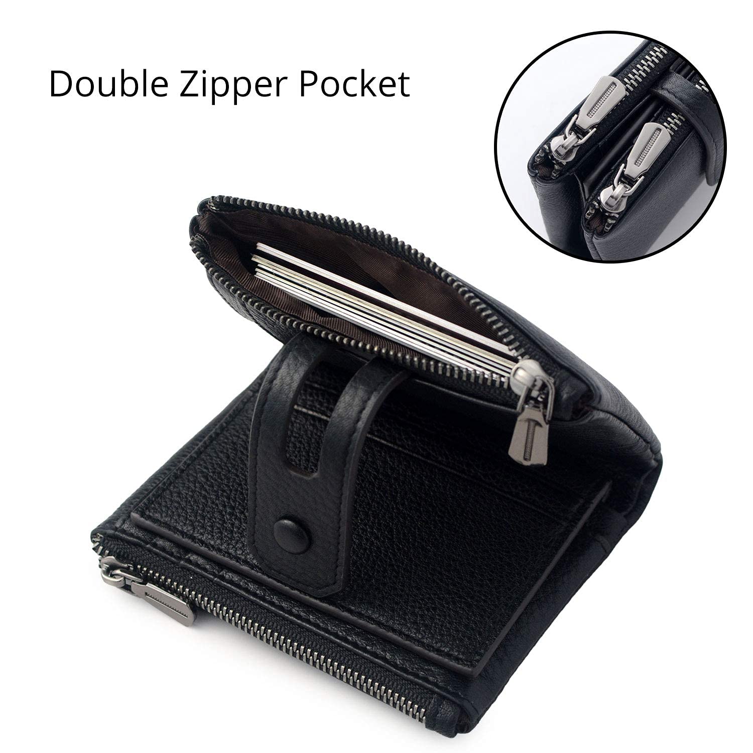 Women Leather Wallet - Small RFID Blocking Card Holder with Double Zipper