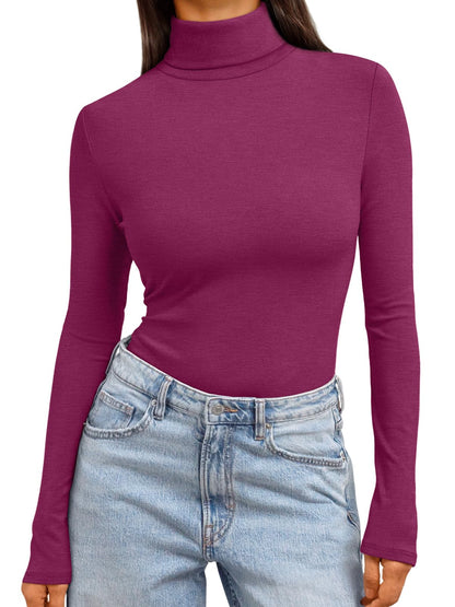 Women's Turtleneck Long Sleeve Shirts - Basic Thermal Underwear Tops Fuchsia