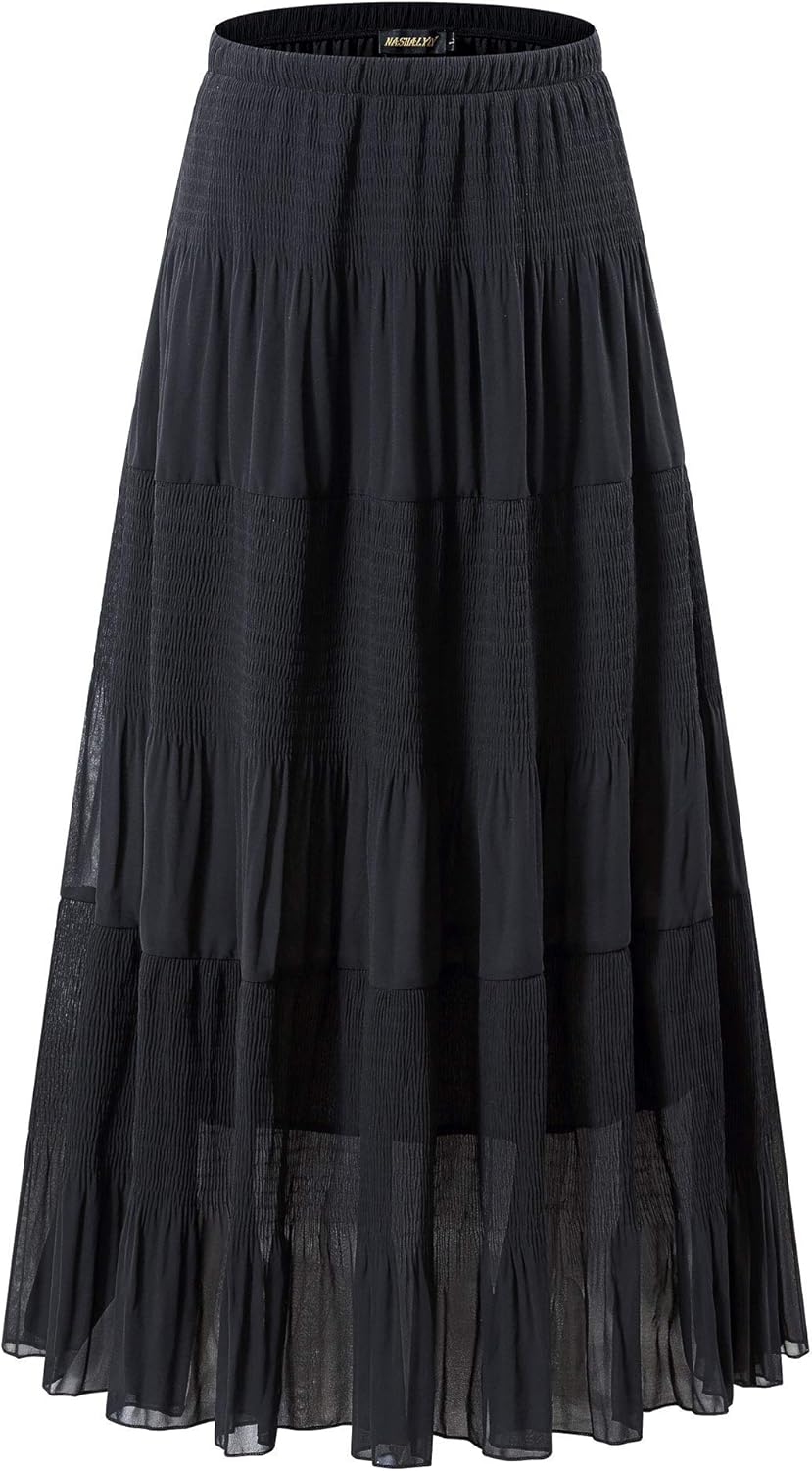 Chiffon Maxi Skirt for Women - High Waist Pleated A-Line Flared Long Skirt
