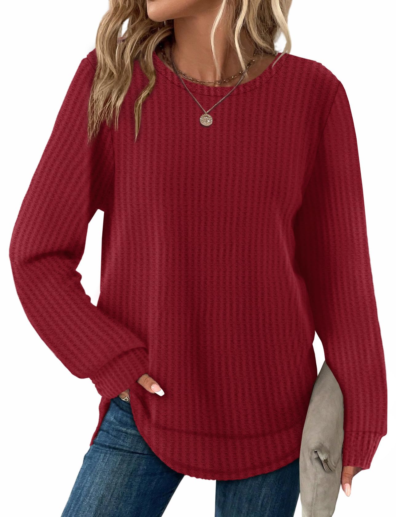 Women's Tunic Tops - Loose Fit Waffle Knit Long Sleeve Crewneck Sweaters Red