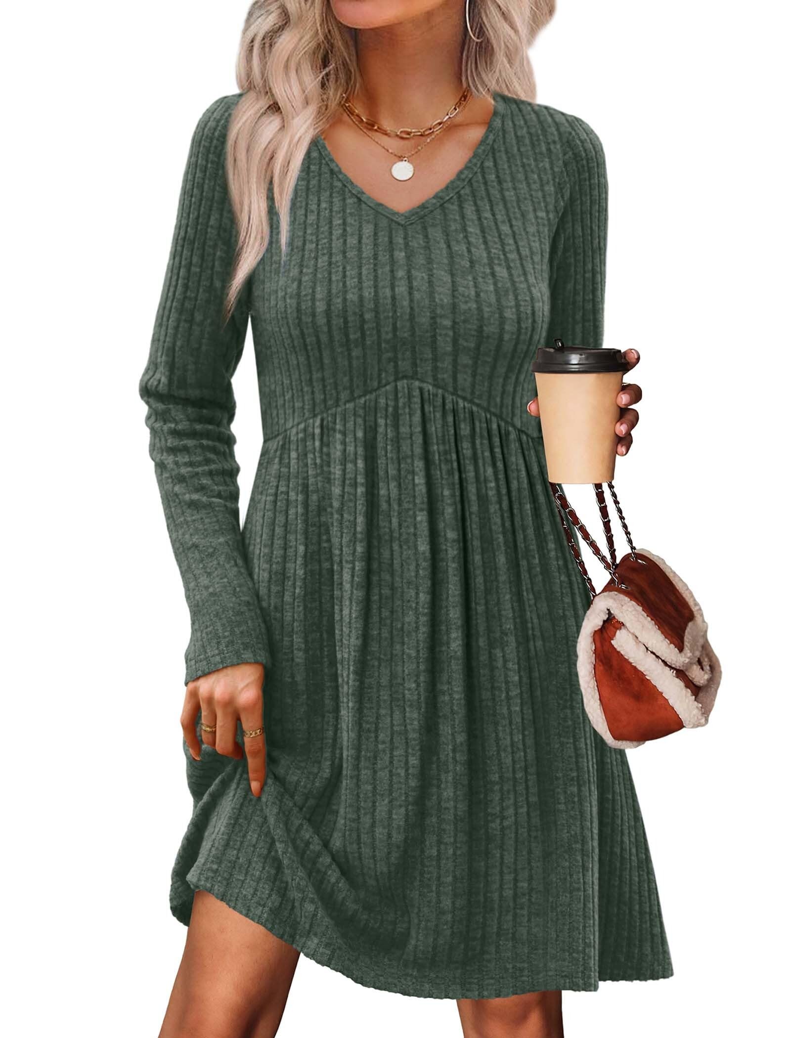 Women's Long Sleeve Sweater Dress - V Neck Empire Waist Babydoll Dress with Pockets