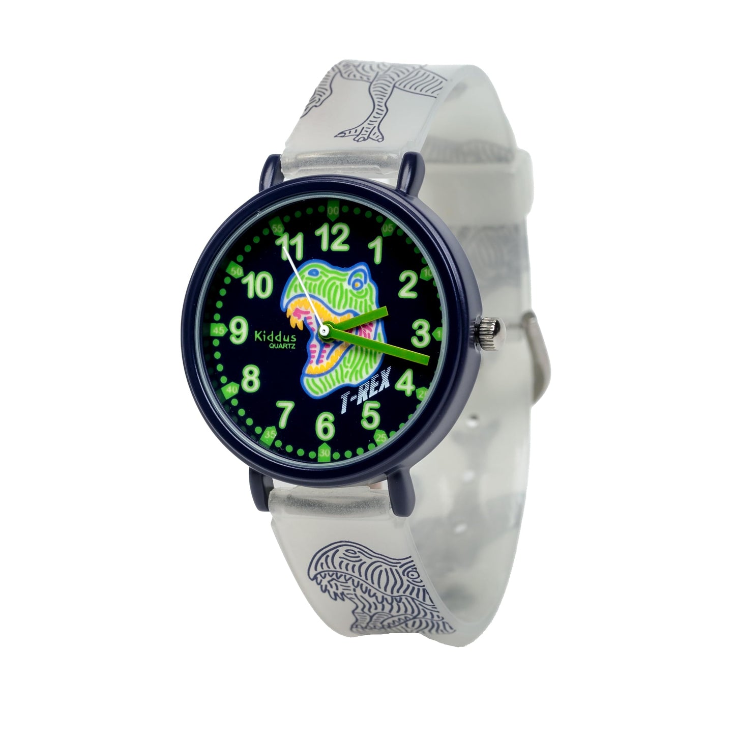 Kids Time Teacher Watch - Educational Analog Watch with Japanese Quartz Movement Ages 5-12 B. Color Handles 17 T-Rex. Fluorescent