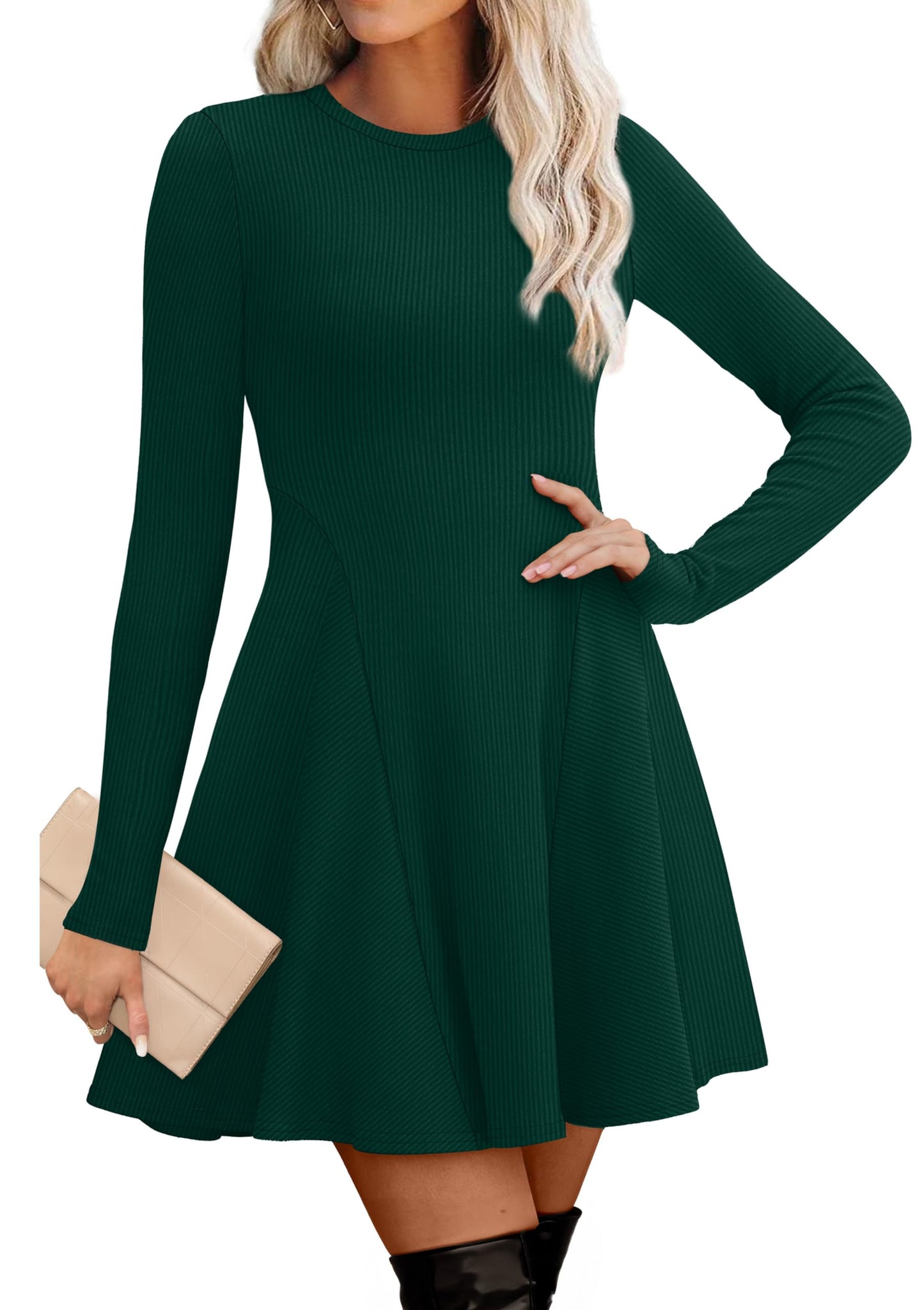 Women's Sweater Dress - Long Sleeve Ribbed Knit Fit and Flare A-Line Dress Green