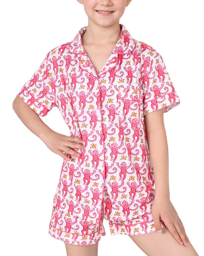 Roller Rabbit Pajamas Kids - Girls Summer 2 Piece Set - Button Down Top and Shorts Pink