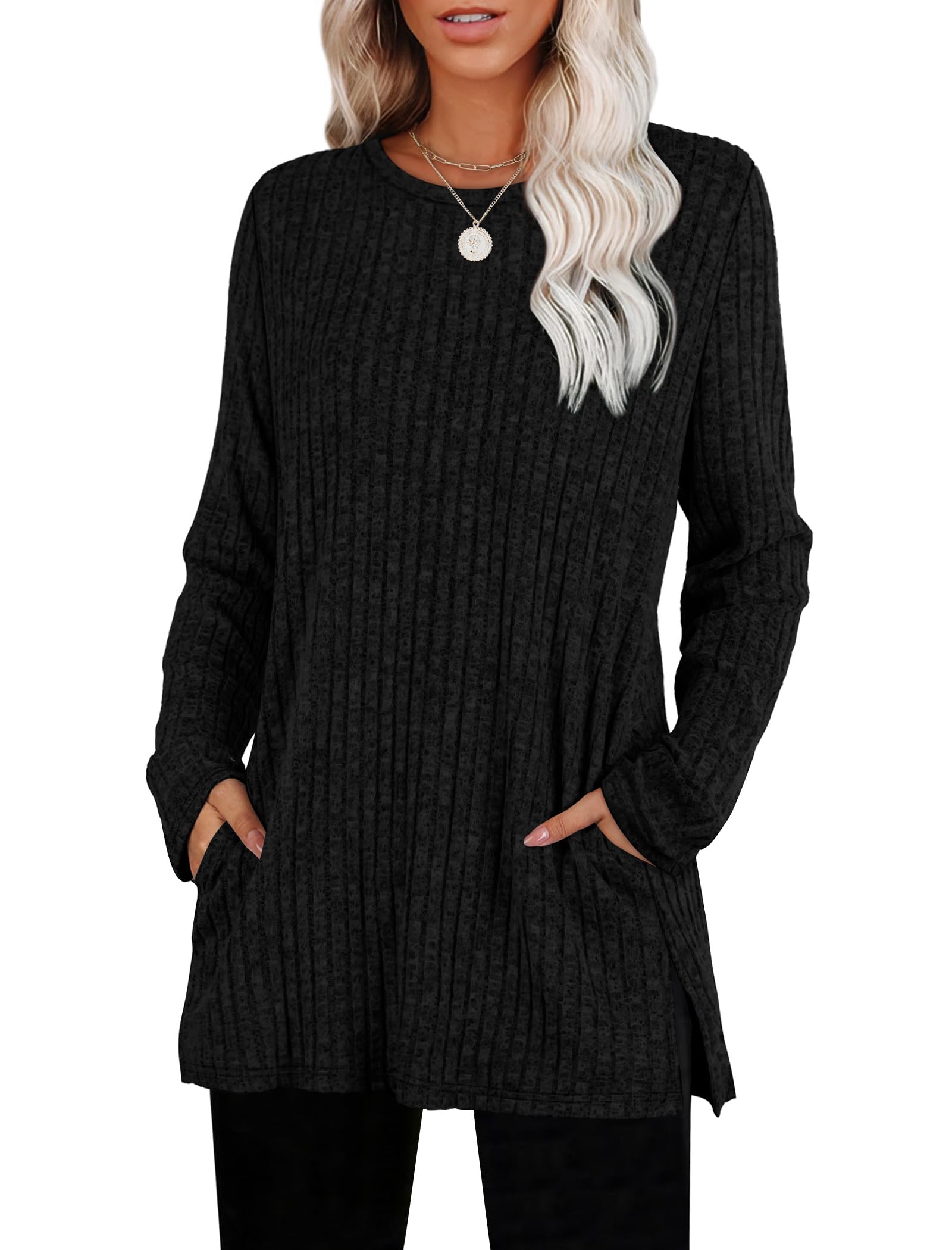 Women's Crewneck Sweater with Pockets - Long Sleeve Tunic Top with Side Slits