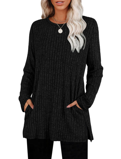 Women's Crewneck Sweater with Pockets - Long Sleeve Tunic Top with Side Slits Black
